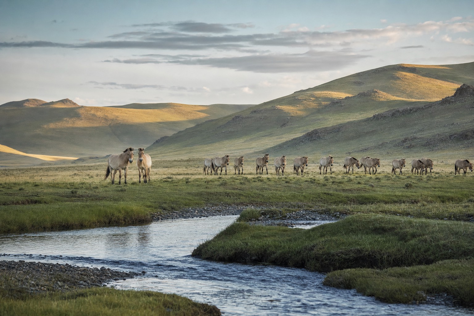 First light over a Hustai valley with a stream and a distant band of Przewalski's horses moving toward the water