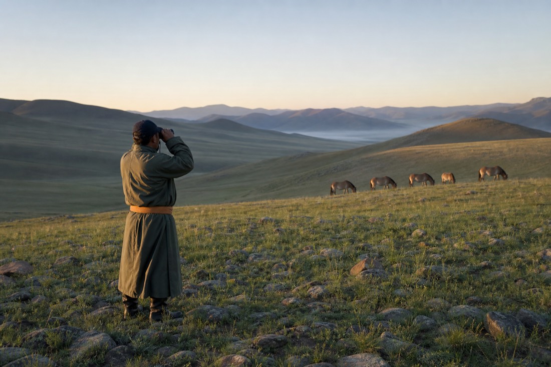 A Hustai guide scanning a grassy valley with binoculars at dawn while a distant takhi harem grazes on the far slope